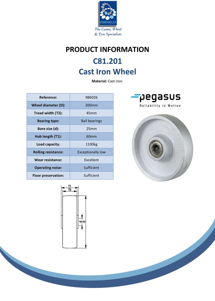 C81.201 Wheel series 200mm cast iron 25mm bore hub length 60mm ball bearings 1100kg - Spec sheet