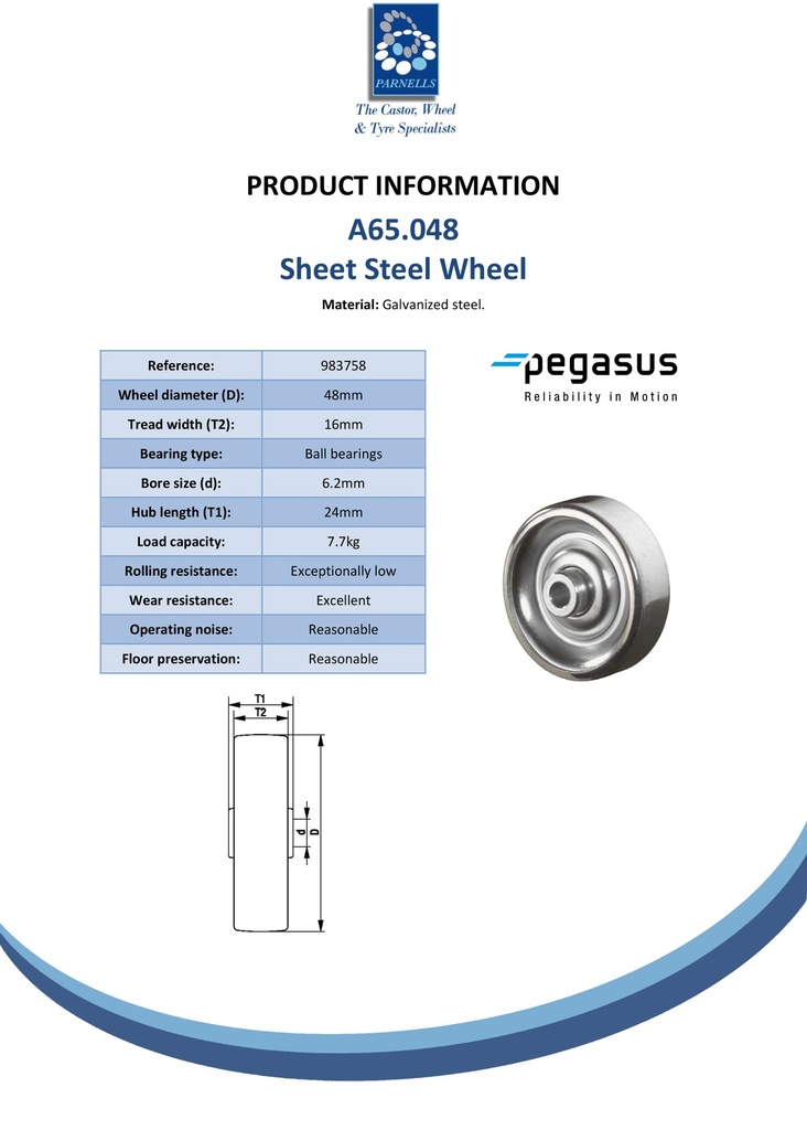 A65.048 Wheel series 48mm sheet steel 6.2mm bore hub length 24mm ball bearing 7.7kg - Spec sheet