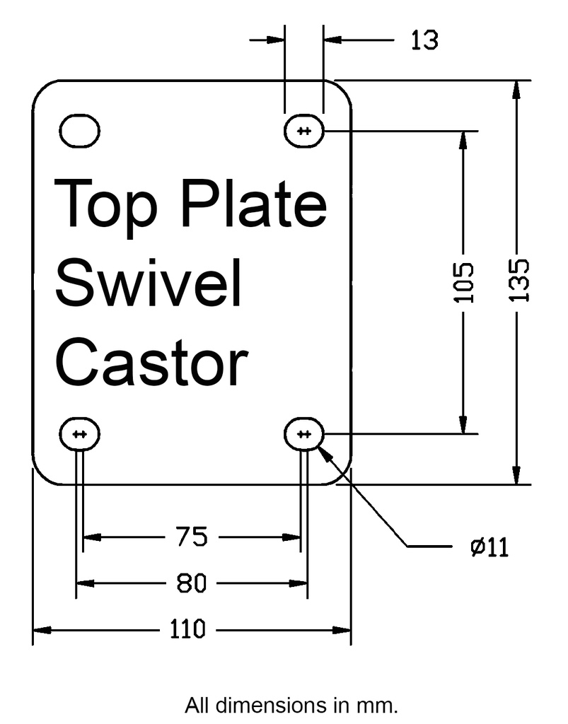 L400.B61.160 160mm swivel top plate 135x110mm castor with blue elastic rubber on polypropylene centre roller bearing wheel 300kg - Plate Dimensions