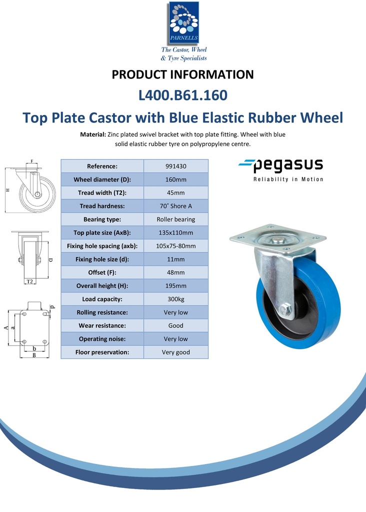 L400.B61.160 160mm swivel top plate 135x110mm castor with blue elastic rubber on polypropylene centre roller bearing wheel 300kg - Spec sheet