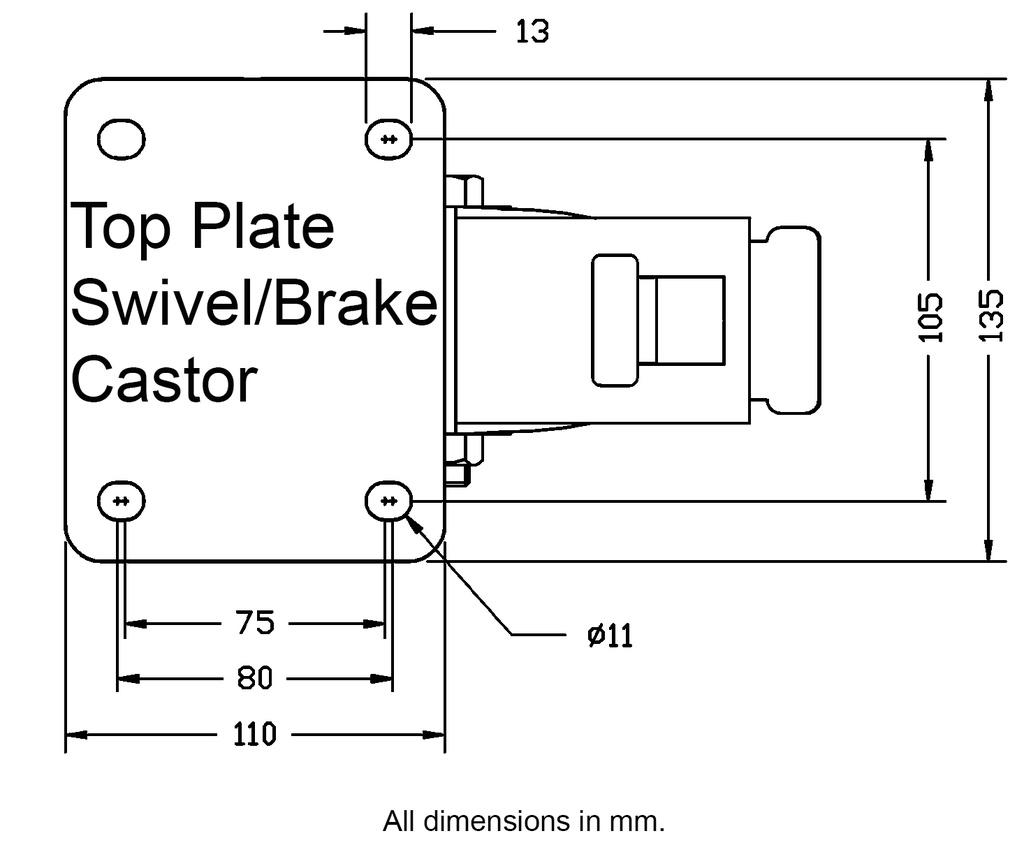 L420.B61.160 160mm swivel/brake top plate 135x110mm castor with blue elastic rubber on polypropylene centre roller bearing wheel 300kg - Plate dimensions
