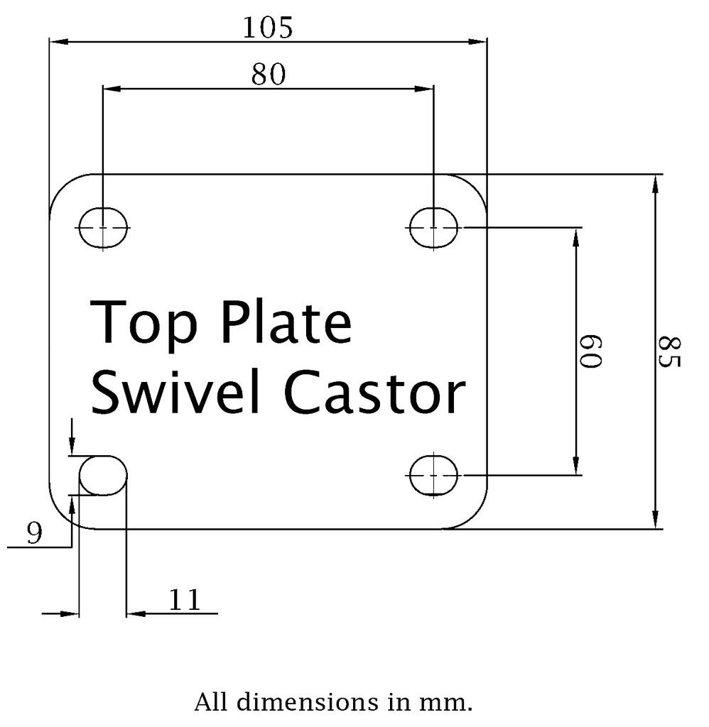 LB500.B10.126 125mm swivel top plate 105x85mm castor with nylon roller bearing wheel 300kg - Plate dimensions