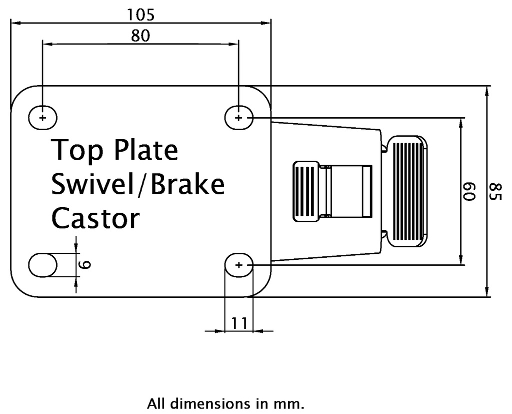 LB520.B10.126 125mm swivel/brake top plate 105x85mm castor with nylon roller bearing wheel 300kg - Plate dimensions