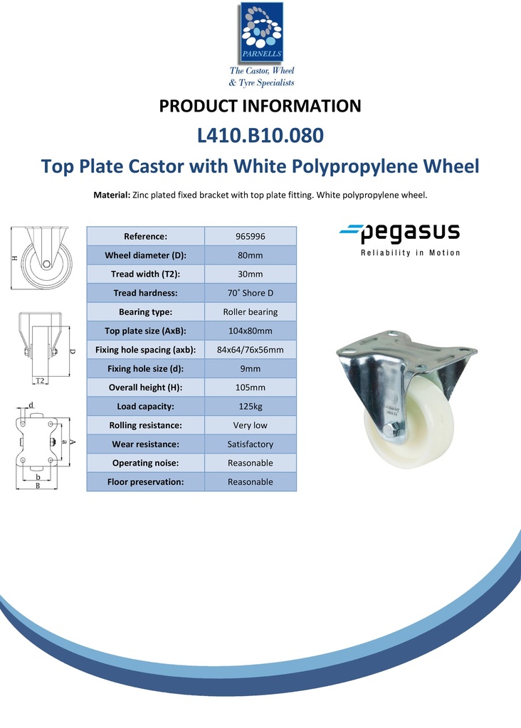 L410.B10.080 80mm fixed top plate 104x80mm castor with polypropylene roller bearing wheel 125kg - Spec sheet