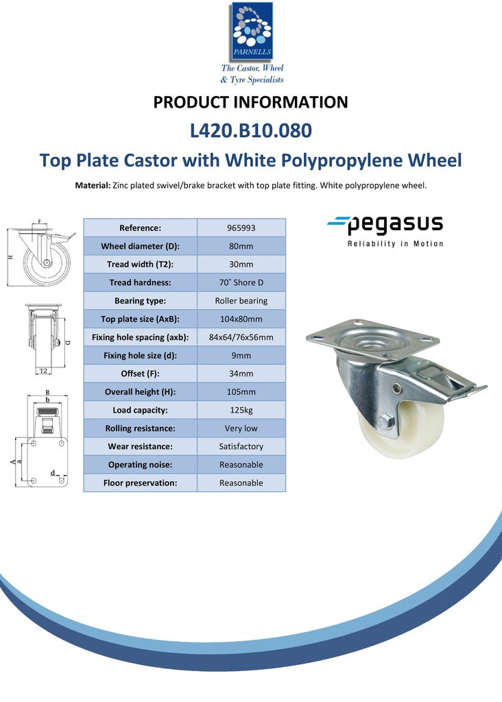 L420.B10.080 80mm swivel/brake top plate 104x80mm castor with polypropylene roller bearing wheel 125kg - Spec sheet
