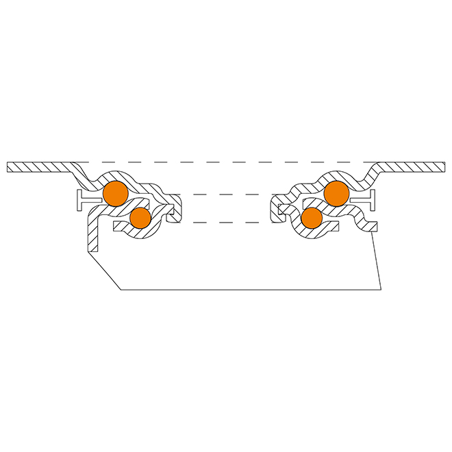 L420.B55.126 125mm swivel/brake top plate 105x80mm castor with black rubber on pressed steel centre and thread guards roller bearing wheel 100kg - Swivel head cross section