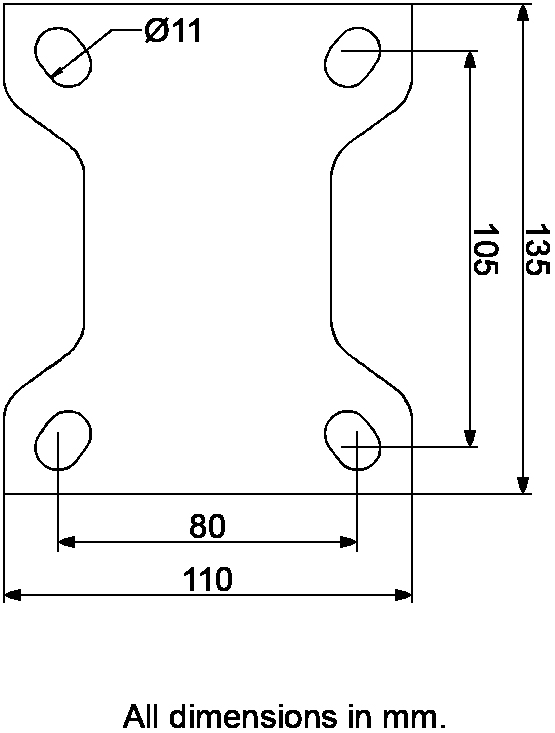 L410.B55.201 200mm fixed top plate 135x110mm castor with black rubber on pressed steel centre and tread guards roller bearing wheel 205kg - Plate dimensions