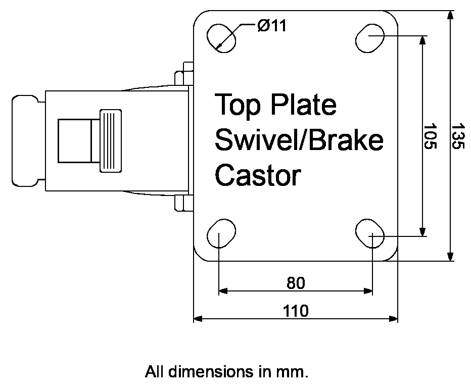 L420.B55.161 160mm swivel/brake top plate 135x110mm castor with black rubber on pressed steel centre and thread guards roller bearing wheel 135kg - Plate dimensions