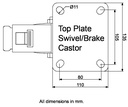 L420.B55.201 200mm swivel/brake top plate 135x110mm castor with black rubber on pressed steel centre and thread guards roller bearing wheel 205kg - Plate dimensions