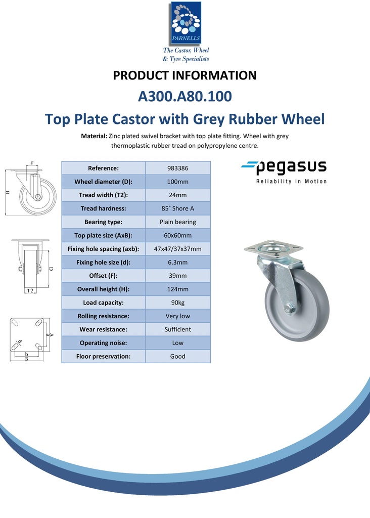 A300.A80.100 100mm swivel top plate 60x60mm castor with grey thermoplastic rubber on polypropylene centre plain bearing wheel 90kg - Spec sheet