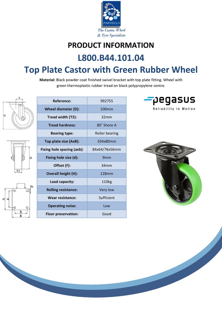L800.D44.101.04 100mm swivel top plate 104x80mm castor with green thermoplastic rubber on polypropylene centre roller bearing wheel 110kg - Spec sheet