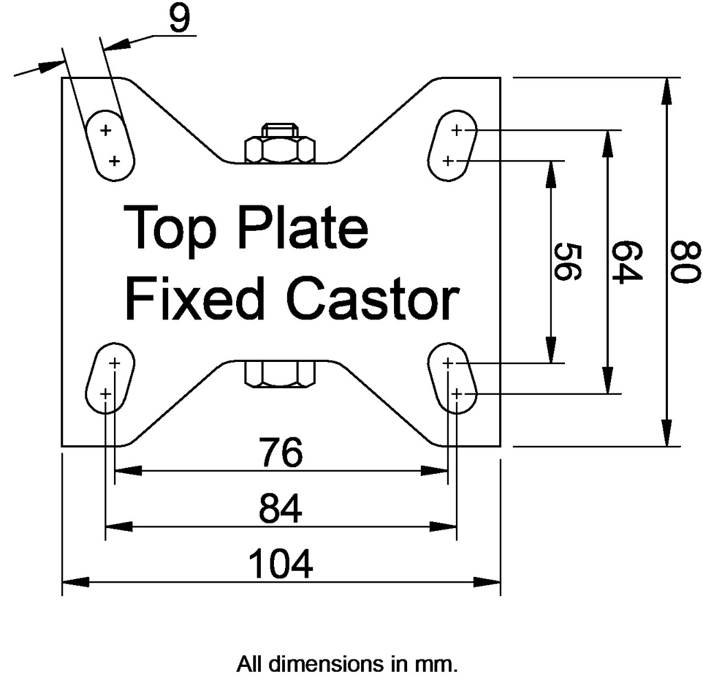 L810.B44.101.04 100mm fixed top plate 104x80mm castor with green thermoplastic rubber on polypropylene centre roller bearing wheel 110kg - Plate dimensions