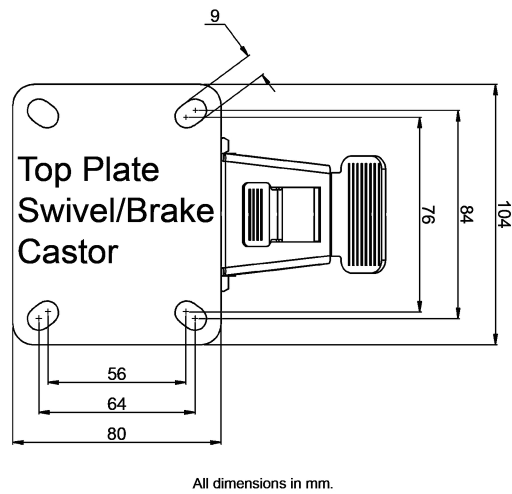 L820.B44.101.04 100mm swivel/brake top plate 104x80mm castor with green thermoplastic rubber on polypropylene centre roller bearing wheel 110kg - Plate dimensions