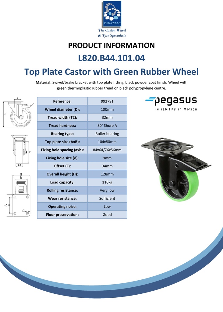 L820.B44.101.04 100mm swivel/brake top plate 104x80mm castor with green thermoplastic rubber on polypropylene centre roller bearing wheel 110kg - Spec sheet