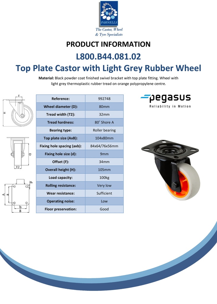 L800.B44.081.02 80mm swivel top plate 104x80mm castor with light grey thermoplastic rubber on polypropylene centre roller bearing wheel 100kg - Spec sheet