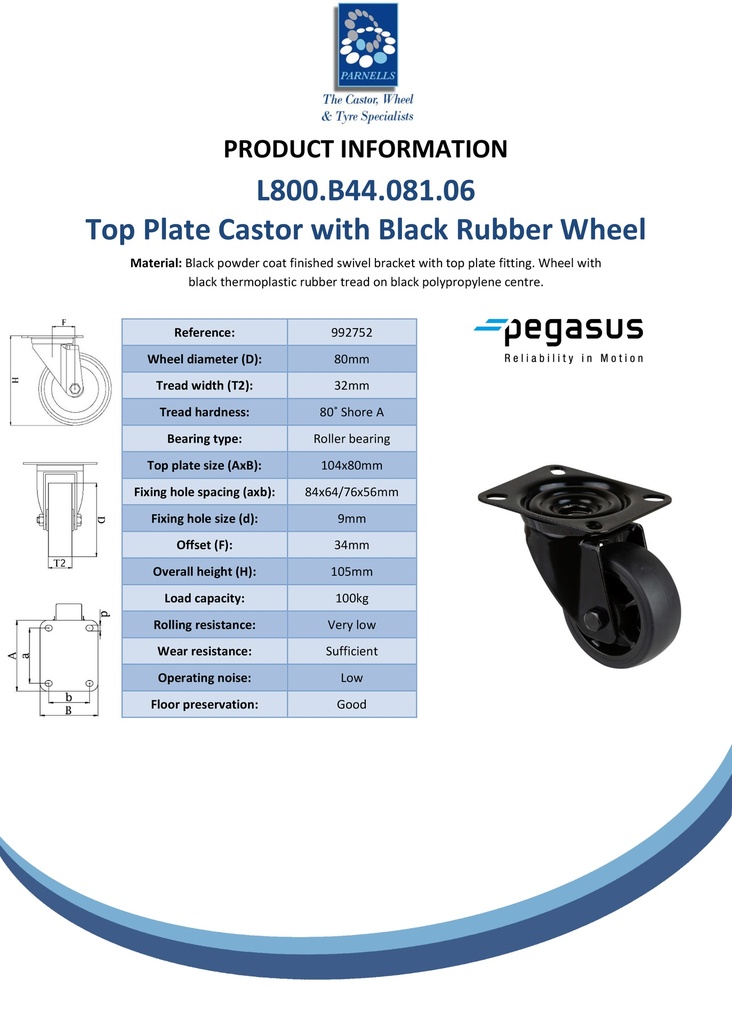 L800.B44.081.06 80mm swivel top plate 104x80mm castor with black thermoplastic rubber on polypropylene centre roller bearing wheel 100kg - Spec sheet