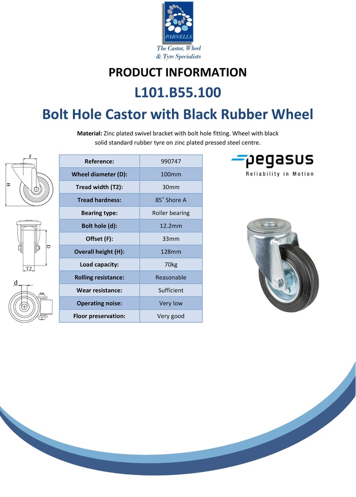 L101.B55.100 100mm swivel bolt hole 12.2mm castor with black rubber on pressed steel centre roller bearing wheel 70kg - Spec sheet