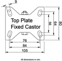 L410.A85.127 125mm fixed top plate 105x84mm castor with grey thermoplastic rubber on polypropylene centre single ball bearing wheel 120kg - Plate dimensions