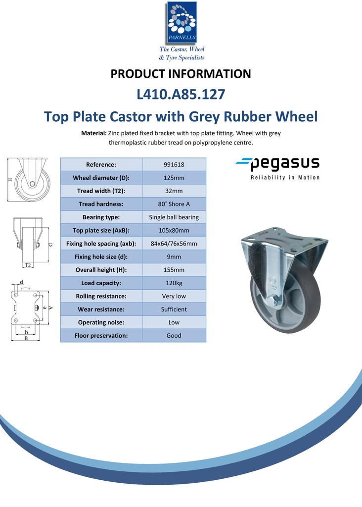 L410.A85.127 125mm fixed top plate 105x84mm castor with grey thermoplastic rubber on polypropylene centre single ball bearing wheel 120kg - Spec sheet