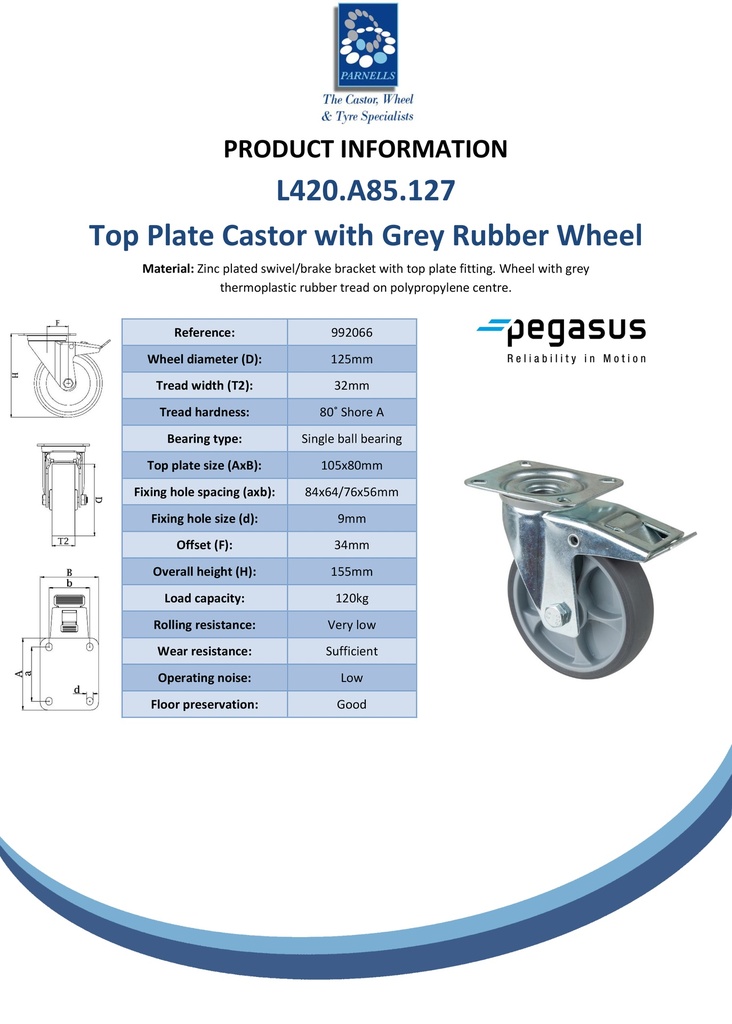 L420.A85.127 125mm swivel/brake top plate 105x80mm castor with grey thermoplastic rubber on polypropylene centre single ball bearing wheel 120kg - Spec sheet