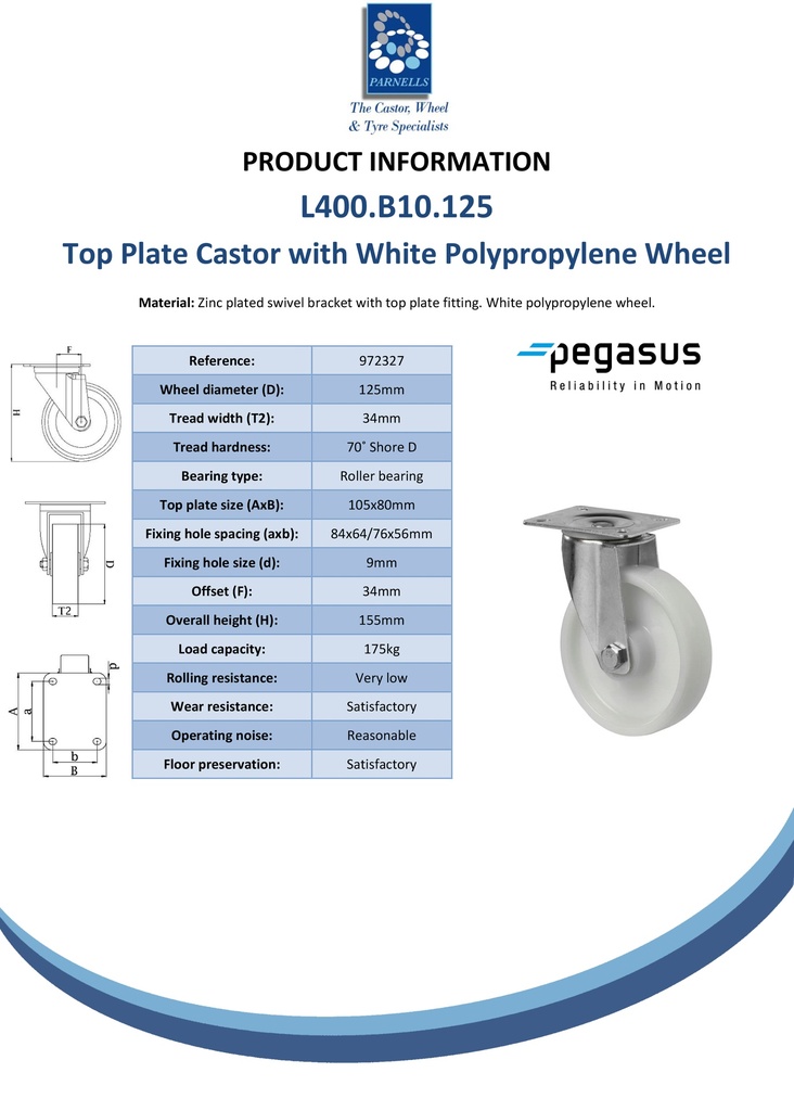 L400.B10.125 125mm swivel top plate 105x80mm castor with polypropylene roller bearing wheel 175kg - Spec sheet