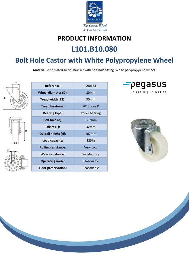 L101.B10.080 80mm swivel bolt hole 12.2mm castor with polypropylene roller bearing wheel 125kg - Spec sheet