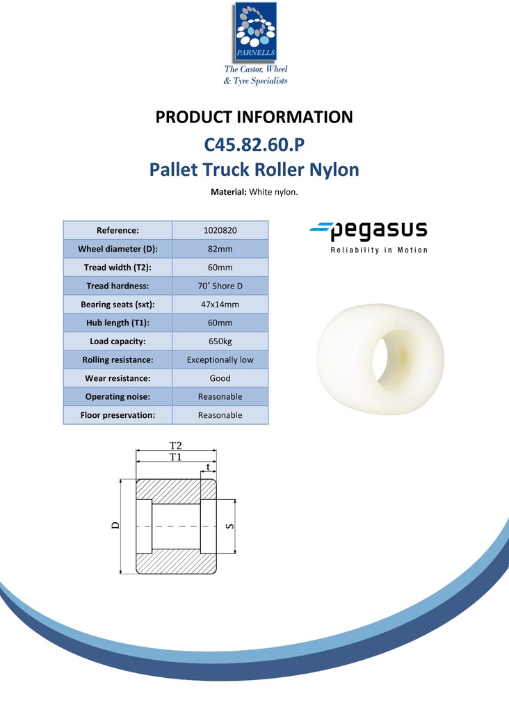 C45.82.60.P 82x60mm pallet roller nylon with 47x14mm bearing seat hub length 60mm 650kg - Spec sheet