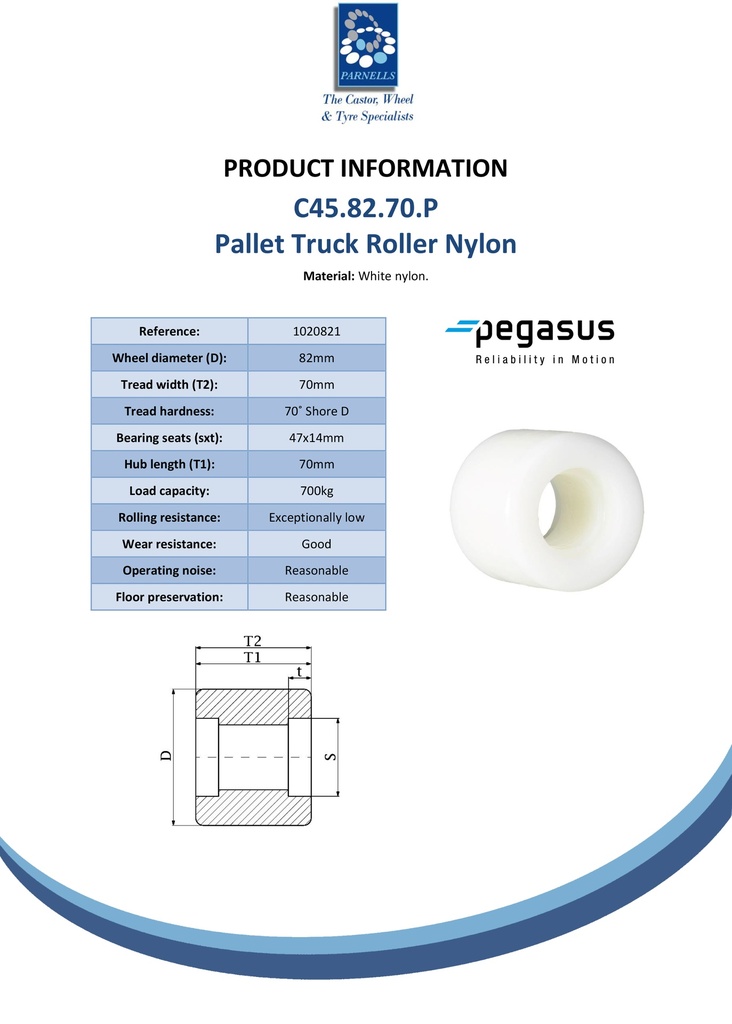 C45.82.70.P 82x70mm pallet roller nylon with 47x14mm bearing seat hub length 70mm 700kg - Spec sheet