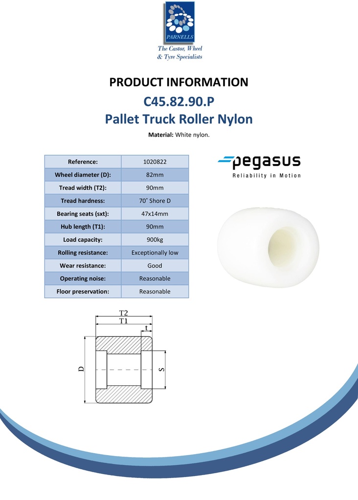 C45.82.90.P 82x90mm pallet roller nylon with 47x14mm bearing seat hub length 90mm 900kg - Spec sheet