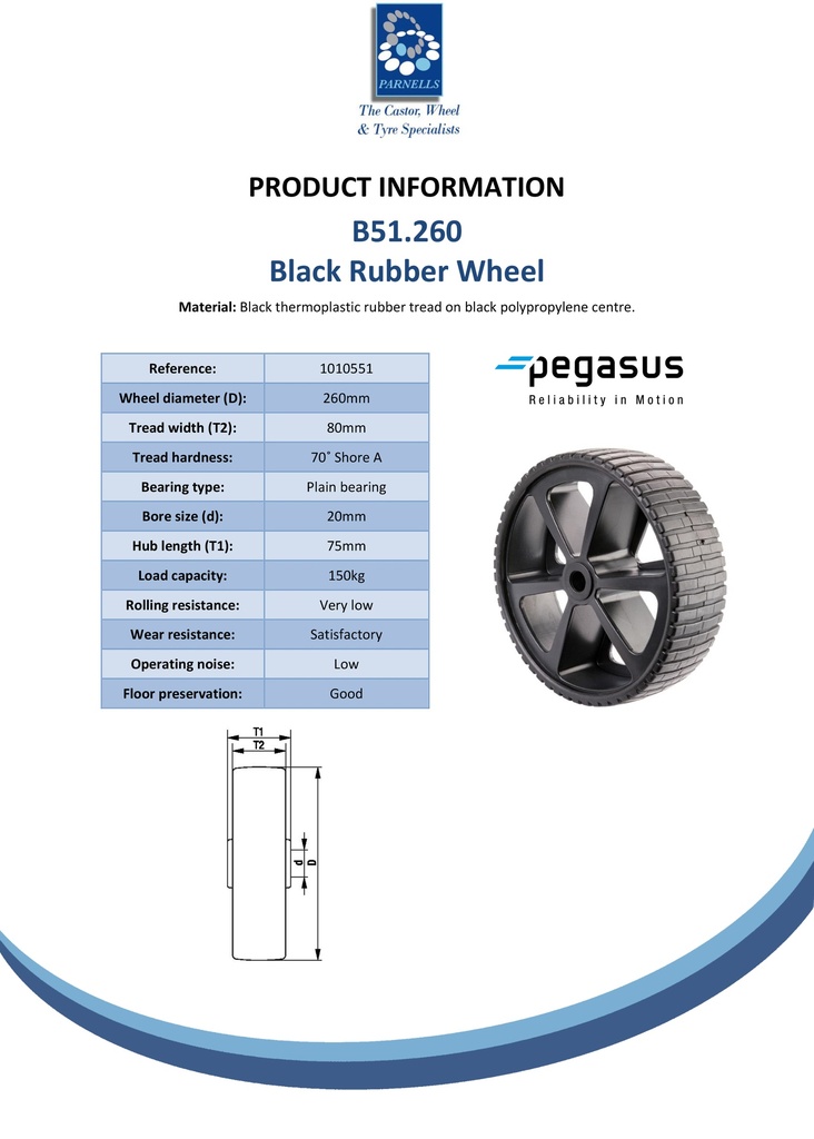 B51.260 Wheel series 260mm black thermoplastic rubber on black polypropylene centre 20mm bore hub length 75mm plain bearing 150kg - Spec sheet