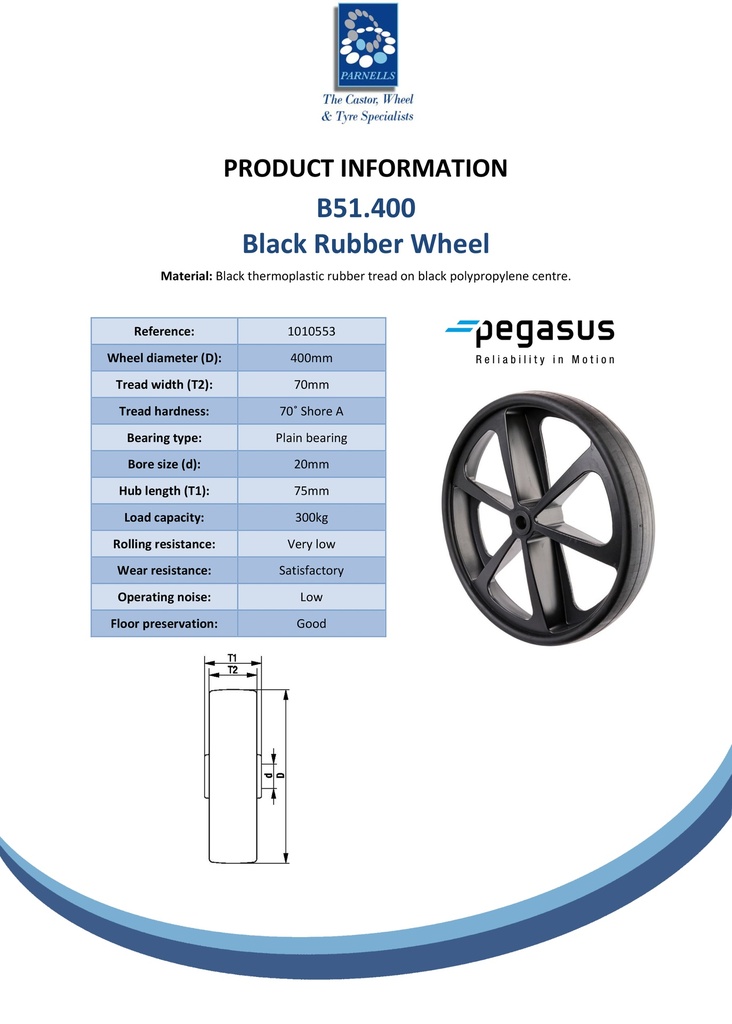B51.400 Wheel series 400mm black thermoplastic rubber on black polypropylene centre 20mm bore hub length 75mm plain bearing 300kg - Spec sheet
