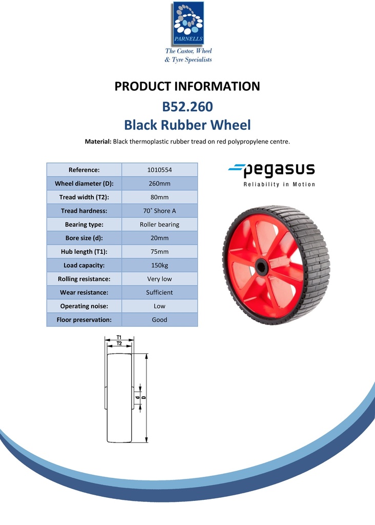 B52.260 Wheel series 260mm black thermoplastic rubber on red polypropylene centre 20mm bore hub length 75mm roller bearing 150kg - Spec sheet