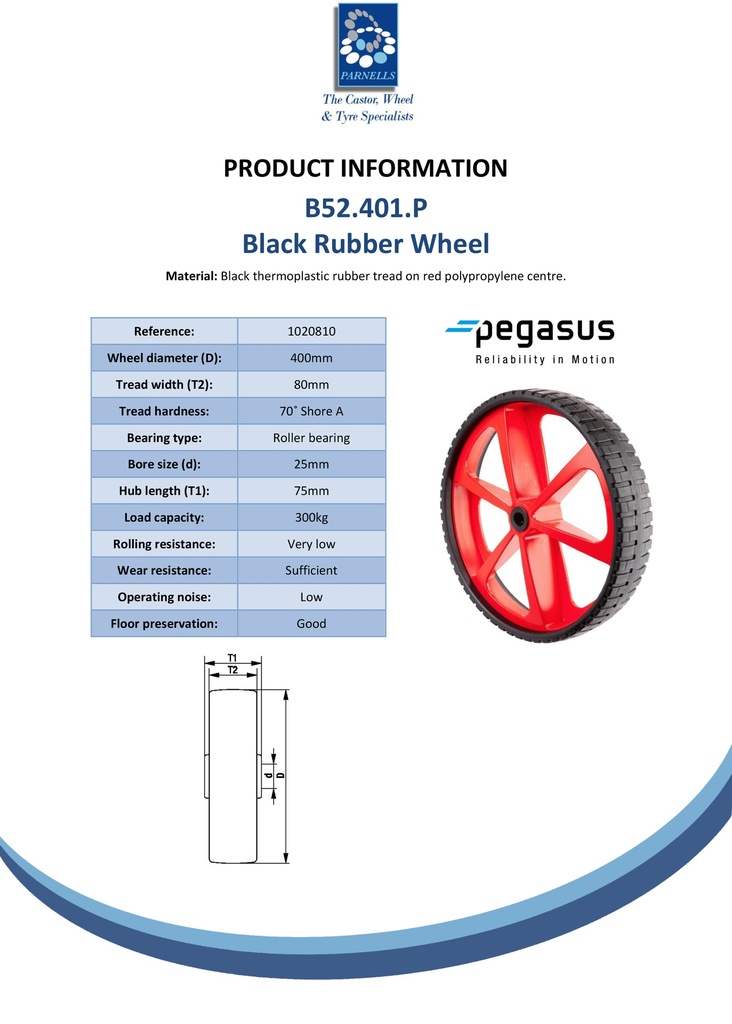 B52.401.P Wheel series 400mm black thermoplastic rubber on red polypropylene centre 25mm bore hub length 75mm roller bearing 300kg - Spec sheet