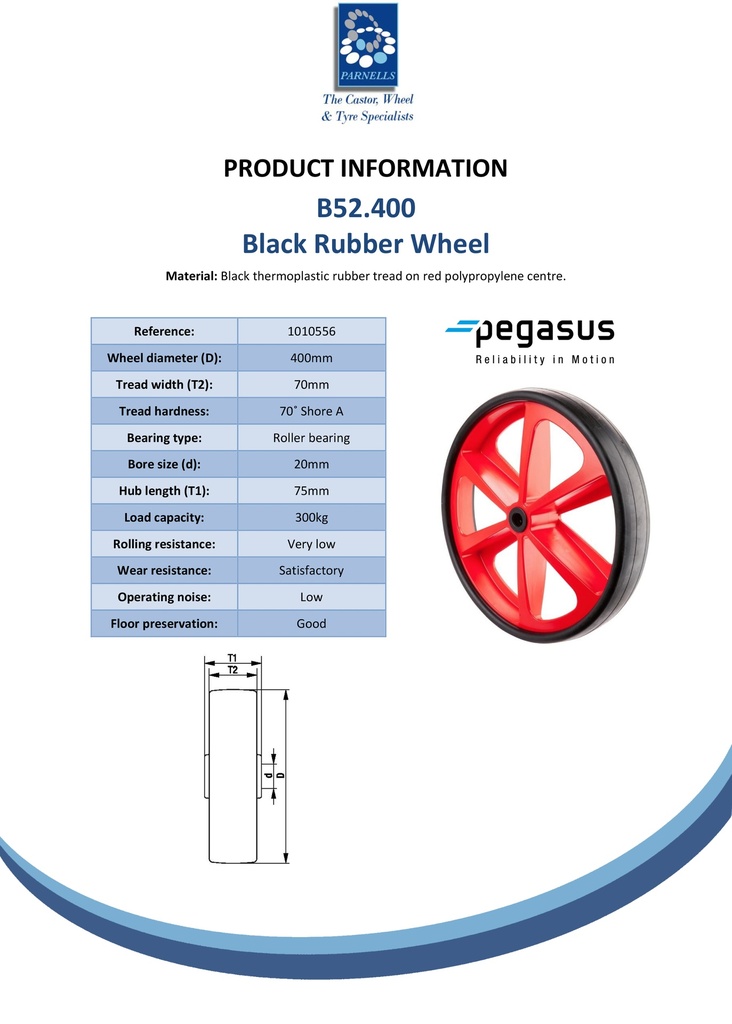 B52.400 Wheel series 400mm black thermoplastic rubber on red polypropylene centre 20mm bore hub length 75mm roller bearing 300kg - Spec sheet