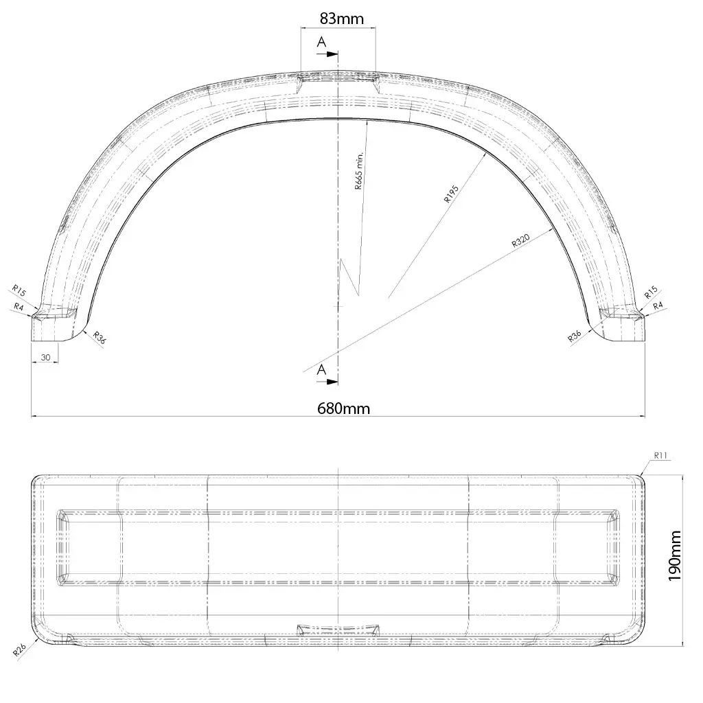 13inch single plastic mudguard dimension drawing plan view (1024x1024).webp