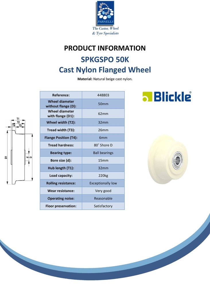 SPKGSPO 50K Wheel series 50mm flanged cast nylon 15mm bore hub length 32mm ball bearings 220kg - Spec sheet