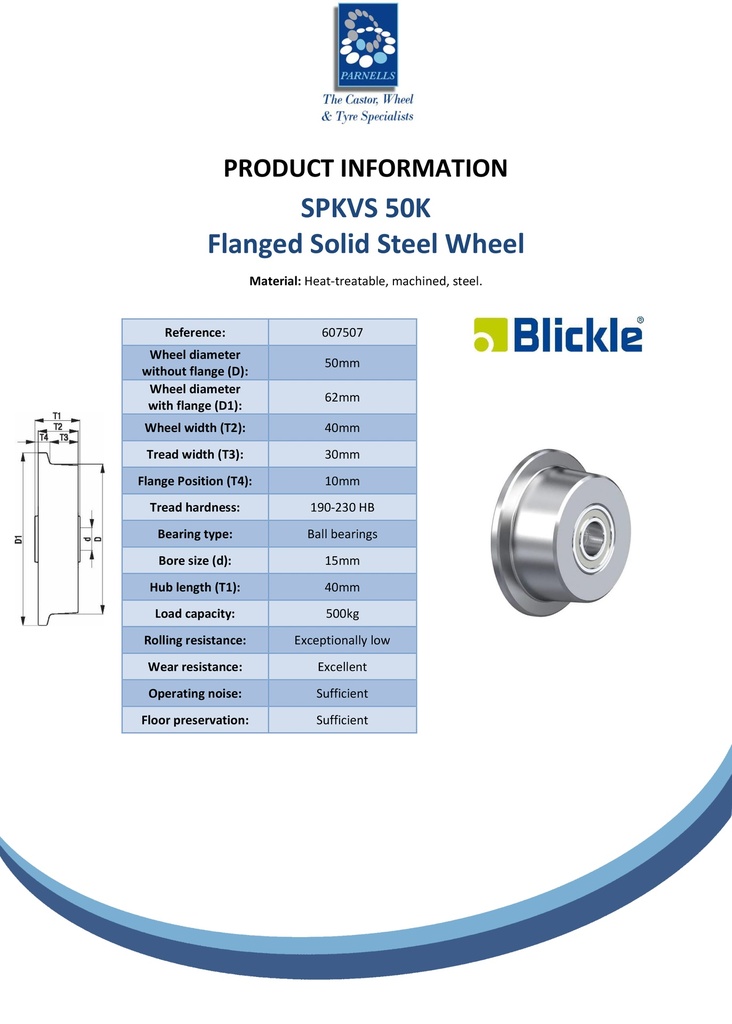 SPKVS 50K Wheel series 50mm flanged solid steel 15mm bore hub length 40mm ball bearings 500kg - Spec sheet