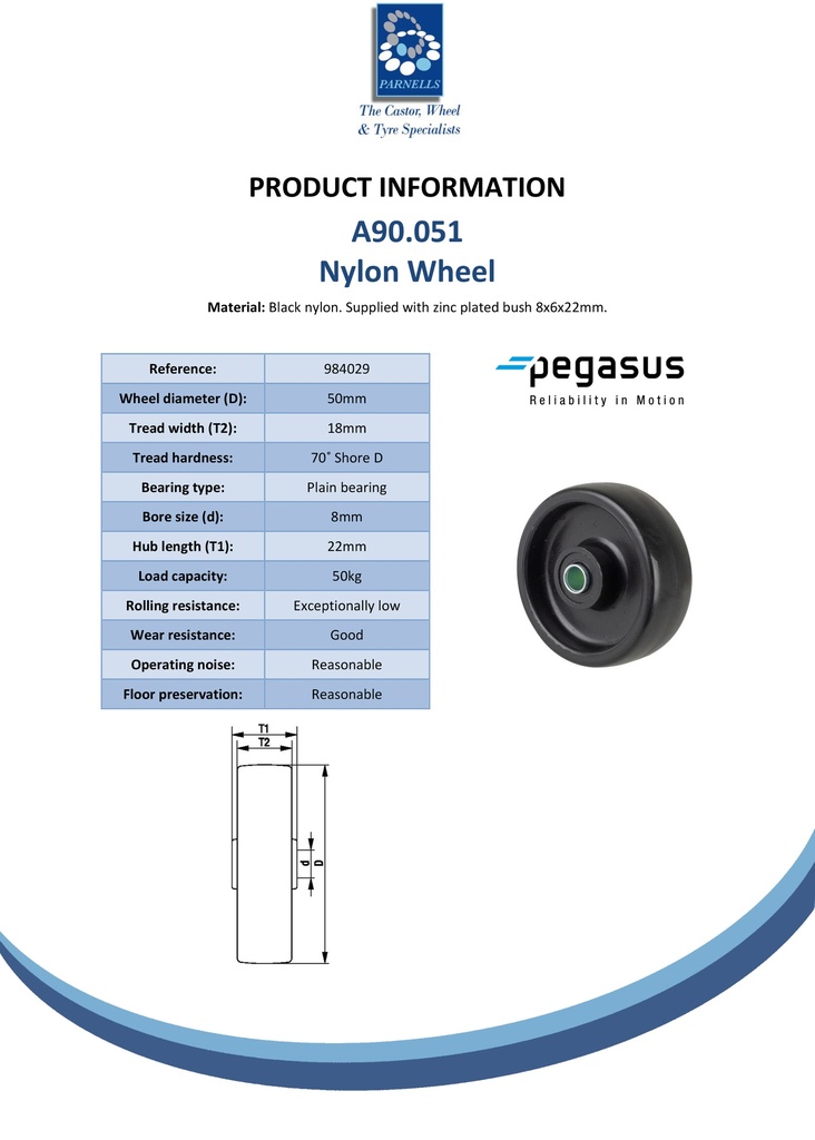 A90.051 Wheel series 50mm black nylon 8mm bore hub length 22mm plain bearing 50kg - Spec sheet