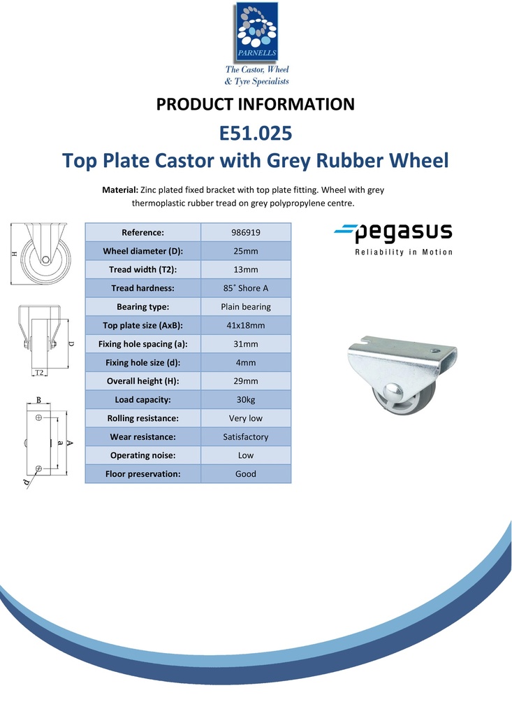 E51.025 25mm fixed top plate 41x18mm castor with grey thermoplastic rubber on polypropylene centre plain bearing wheel 30kg - Spec sheet