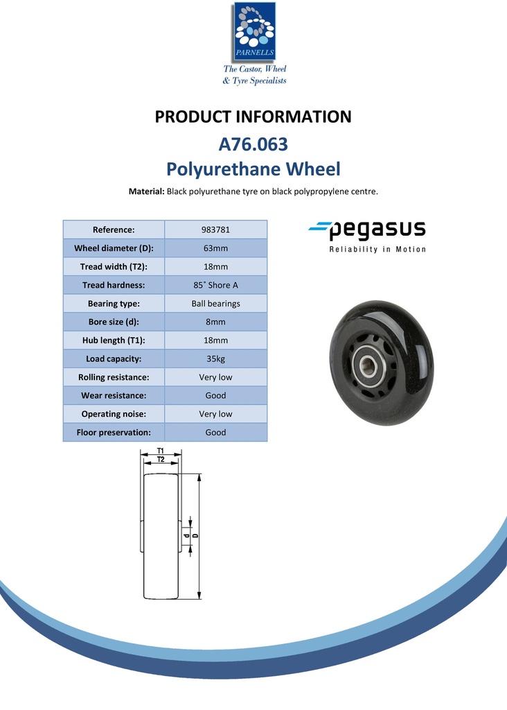 A76.063 Wheel series 63mm black polyurethane on black polypropylene centre, skater-wheel style, 8mm bore hub length 18mm ball bearings 35kg - Spec sheet