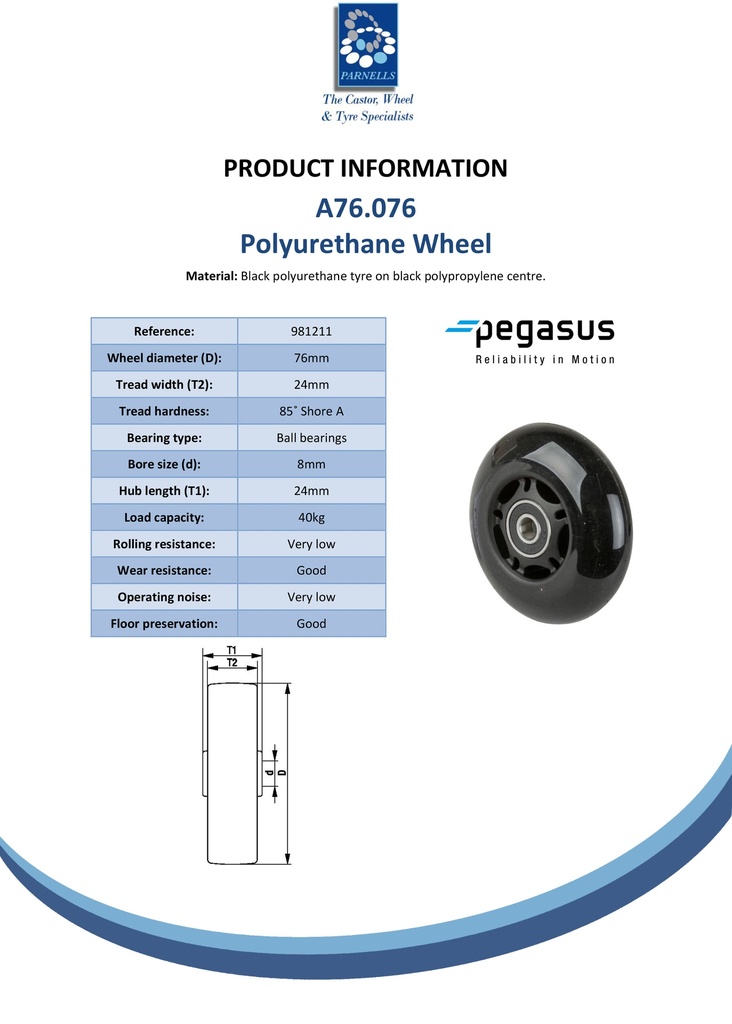 A76.076 Wheel series 76mm black polyurethane on black polypropylene centre, skater-wheel style, 8mm bore hub length 24mm ball bearings 40kg - Spec sheet