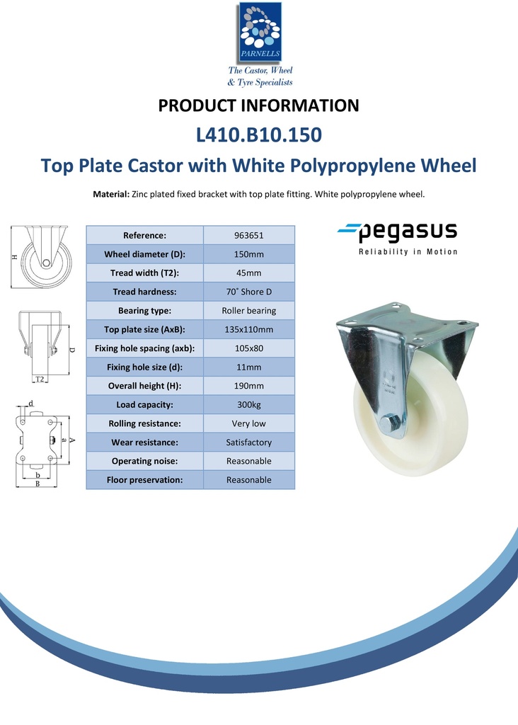 L410.B10.150 150mm fixed top plate 135x110mm castor with polypropylene roller bearing wheel 300kg - Spec sheet