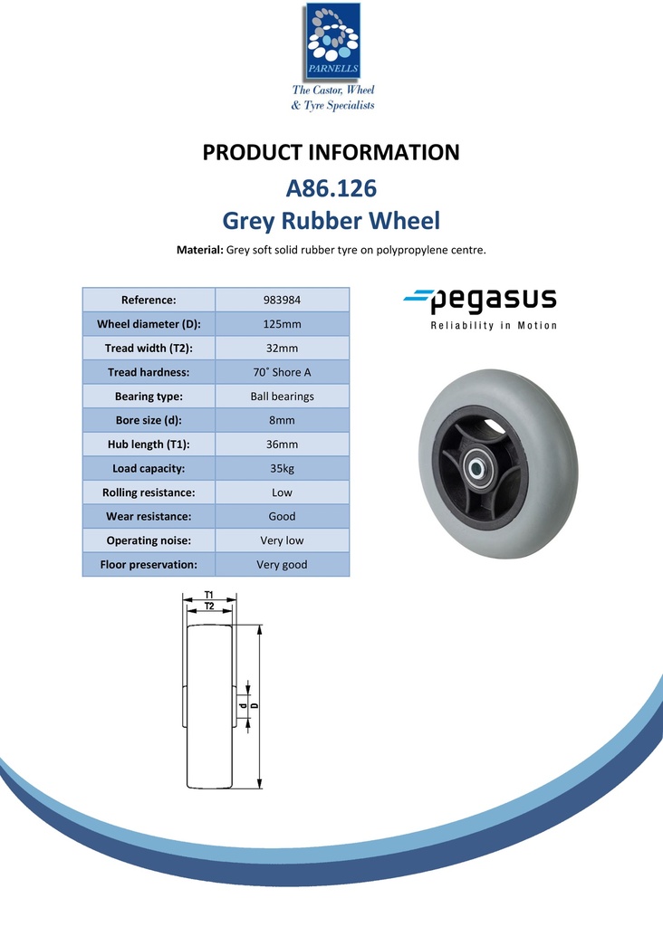 A86.126 Wheel series 125mm grey rubber on polypropylene centre 8mm bore hub length 36mm ball bearings 35kg - Spec sheet