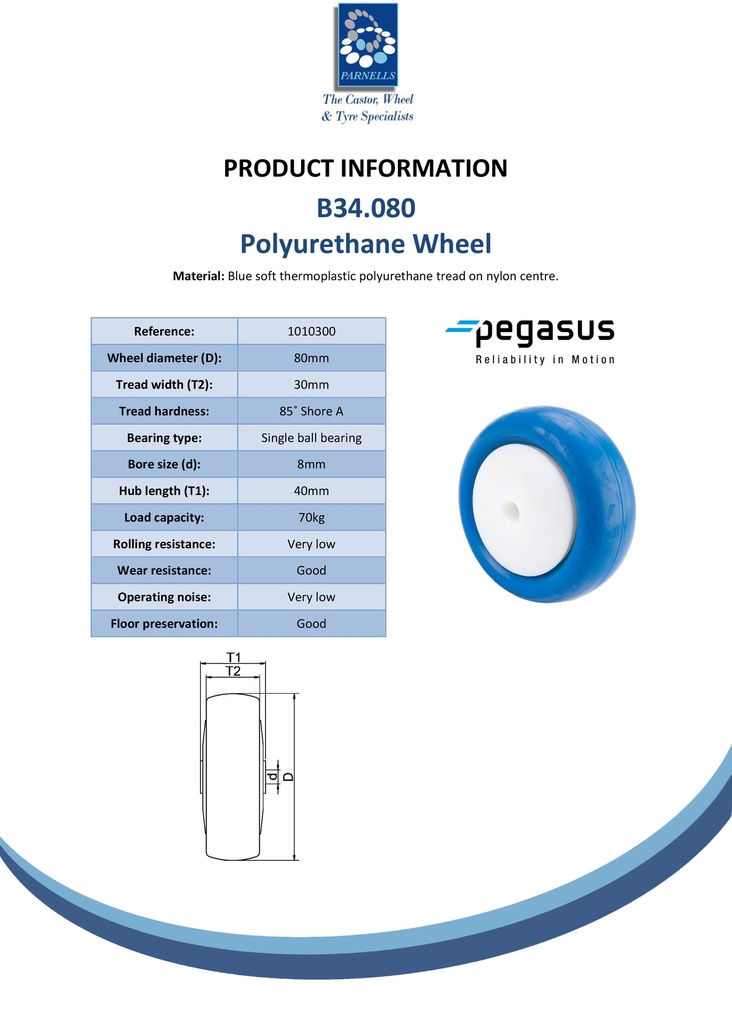 B34.080 Wheel series 80mm blue soft polyurethane on nylon centre 8mm bore hub length 40mm single ball bearing 70kg - Spec sheet