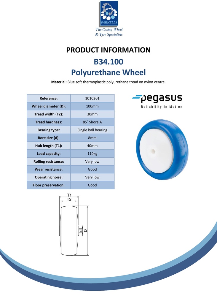 B34.100 Wheel series 100mm blue soft polyurethane on nylon centre 8mm bore hub length 40mm single ball bearing 110kg - Spec sheet