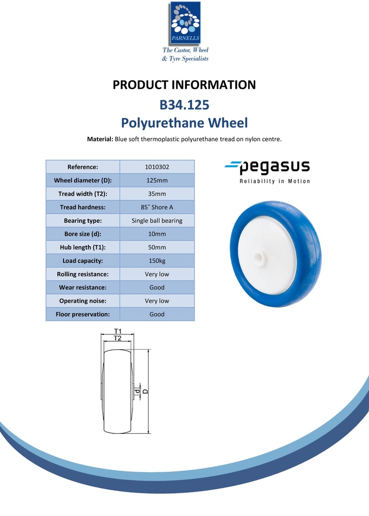 B34.125 Wheel series 125mm blue soft polyurethane on nylon centre 10mm bore hub length 50mm single ball bearing 150kg - Spec sheet