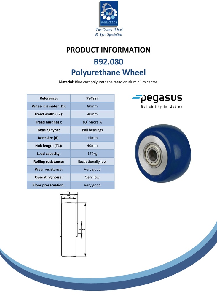 B92.080 Wheel series 80mm blue Besothane polyurethane on aluminium centre 15mm bore hub length 40mm ball bearing 170kg - Spec sheet