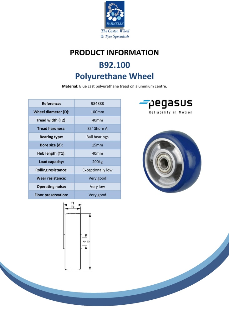 B92.100 Wheel series 100mm blue Besothane polyurethane on aluminium centre 15mm bore hub length 40mm ball bearing 200kg - Spec sheet