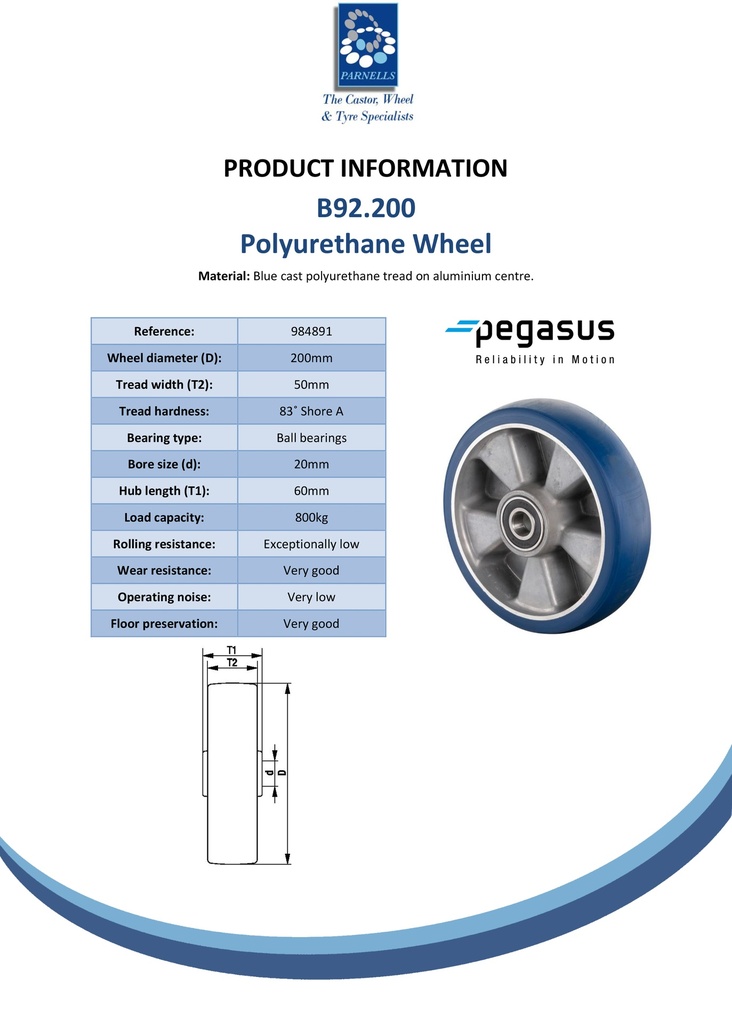 B92.200 Wheel series 200mm blue Besothane polyurethane on aluminium centre 20mm bore hub length 60mm ball bearing 800kg - Spec sheet