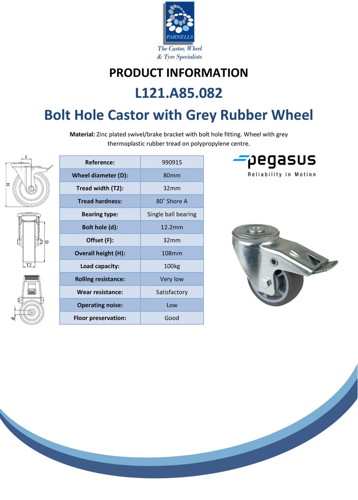 L121.A85.082 80mm swivel/brake bolt hole 12.2mm castor with grey thermoplastic rubber on polypropylene centre single ball bearing wheel 100kg - Spec sheet